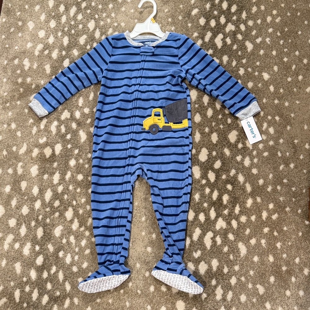 Carter's Blue Striped Footie with Yellow Truck. Size 3T - Picture 2 of 9